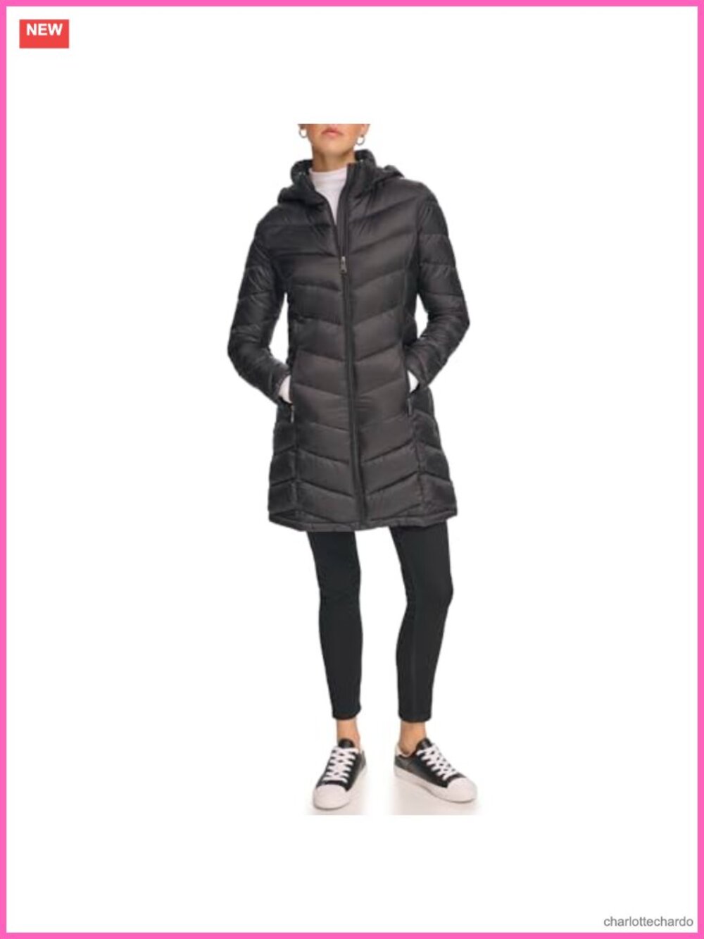 Long Chevron Puffer Jacket Hooded Zip Front Quilted